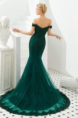 Prom Dress Stores, Off Shoulder Mermaid Dark Green Formal Evening Dresses with Lace