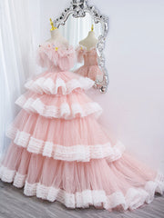 Winter Formal Dress, Off Shoulder Pink Long Prom Dresses, Ball Gown Pink Sweet 16 Dresses