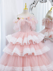 Wedding Theme, Off Shoulder Pink Long Prom Dresses, Ball Gown Pink Sweet 16 Dresses