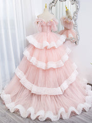 Wedding Flower, Off Shoulder Pink Long Prom Dresses, Ball Gown Pink Sweet 16 Dresses