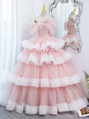 Wedding Color, Off Shoulder Pink Long Prom Dresses, Ball Gown Pink Sweet 16 Dresses