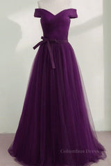 Formal Dress For Sale, Off Shoulder Purple Tulle Long Prom Dresses, Off the Shoulder Purple Formal Dresses, Purple Evening Dresses