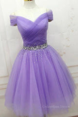 Party Outfit, Off Shoulder Sequins Purple Short Prom Dresses, Off the Shoulder Purple Homecoming Dresses, Short Purple Formal Evening Dresses