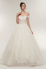 Wedding Dresses Summer, Off-shoulder Sweetheart A-line Lace-up Floor Length Lace Appliques Wedding Dresses