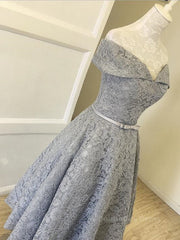 Party Dresses Halter Neck, Off Shoulder Tea Length Gray Lace Prom Dresses, Off the Shoulder Gray Homecoming Dresses, Gray Lace Formal Evening Dresses
