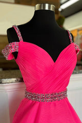 Party Dress Sales, Off Shoulder Tulle Beaded Long Formal Dress, Hot Pink Evening Party Dress