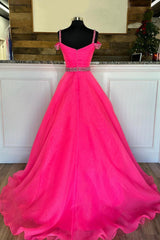 Party Dresses Sale, Off Shoulder Tulle Beaded Long Formal Dress, Hot Pink Evening Party Dress