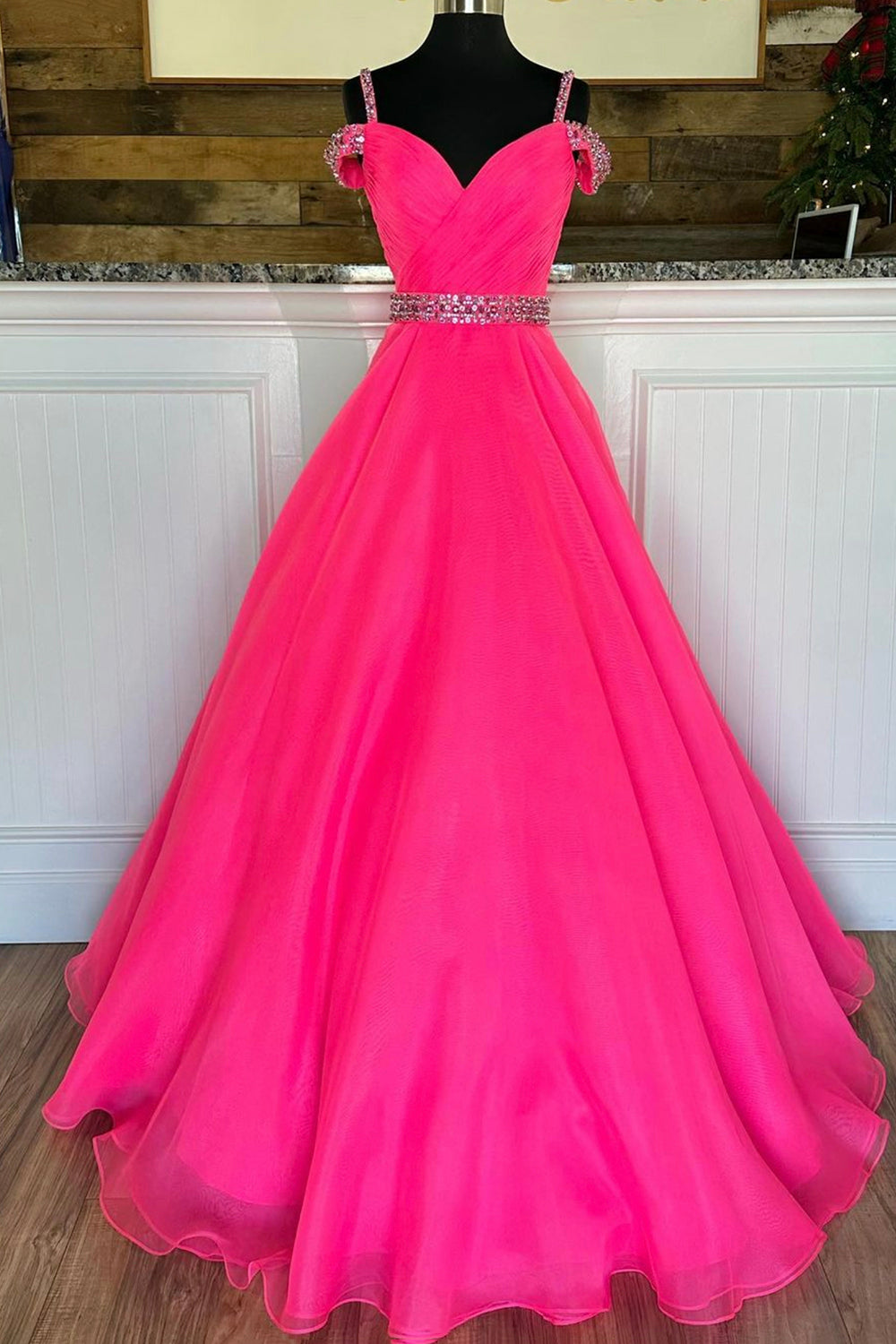 Party Dress Sale, Off Shoulder Tulle Beaded Long Formal Dress, Hot Pink Evening Party Dress