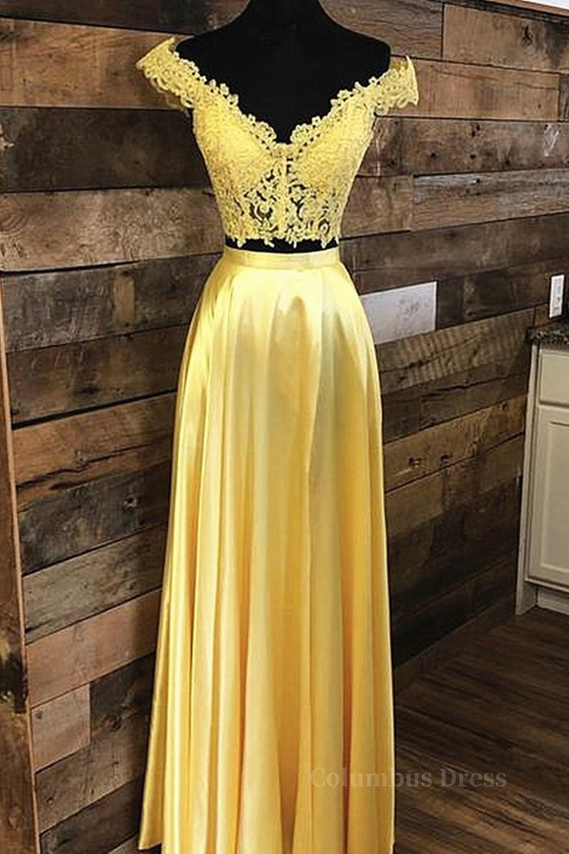 Evening Dress Yellow, Off Shoulder Two Pieces Lace Yellow Long Prom Dress, Off the Shoulder Yellow Lace Formal Dress, Two Pieces Yellow Lace Evening Dress