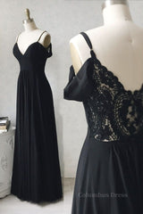 Evening Dresses 2027, Off Shoulder V Neck Black Lace Long Prom Dress, Off Shoulder Black Formal Dress, Black Lace Evening Dress