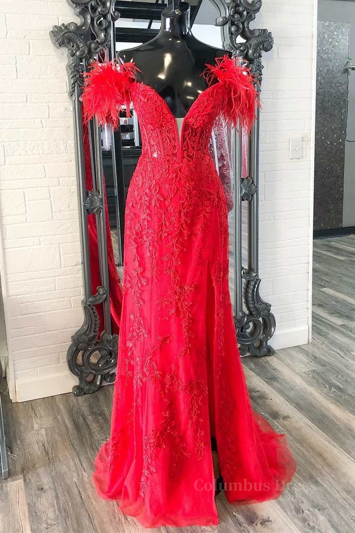 Bridesmaid Dresses Sleeveless, Off Shoulder V Neck Mermaid Red Lace Long Prom Dress with High Slit, Mermaid Red Formal Dress, Red Lace Evening Dress