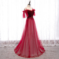 Formal Dresses And Evening Gowns, Off Shoulder Wine Red Velvet and Tulle Party Dress, A-line Tulle Floor Length Prom Dress
