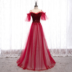 Formal Dresses Classy Elegant, Off Shoulder Wine Red Velvet and Tulle Party Dress, A-line Tulle Floor Length Prom Dress
