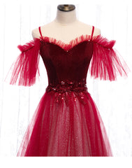 Formal Dress Classy Elegant, Off Shoulder Wine Red Velvet and Tulle Party Dress, A-line Tulle Floor Length Prom Dress