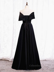 Party Dress With Sleeves, Off the Shoulder Black Long Prom Dresses with Corset Back, Black Off the Shoulder Formal Evening Dresses