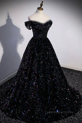 Satin Prom Dress, Off the Shoulder Black Sequin Prom Dresses, Black Long Formal Evening Dresses