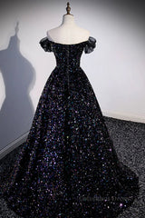 Best Prom Dress, Off the Shoulder Black Sequin Prom Dresses, Black Long Formal Evening Dresses