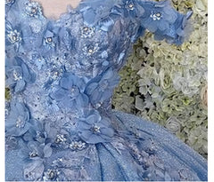 Party Dress Open Back, Off the shoulder blue ball gown , sparkly prom dress with flowers