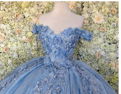 Party Dress Glitter, Off the shoulder blue ball gown , sparkly prom dress with flowers