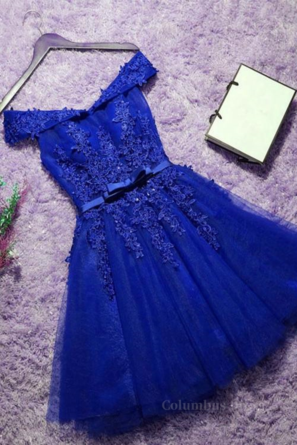 Formal Dress Trends, Off the Shoulder Blue Lace Prom Dresses, Off Shoulder Blue Homecoming Dresses, Short Blue Lace Formal Evening Dresses