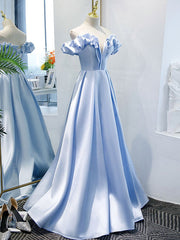 Black Lace Dress, Off the Shoulder Blue Satin Prom Dresses, Sky Blue Off Shoulder Satin Long Formal Graduation Dresses