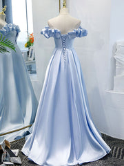 Classy Outfit Women, Off the Shoulder Blue Satin Prom Dresses, Sky Blue Off Shoulder Satin Long Formal Graduation Dresses