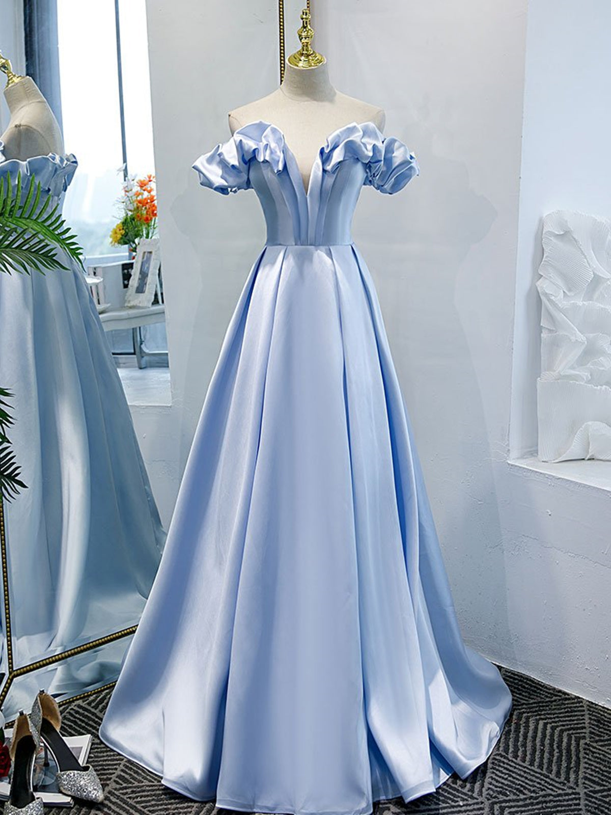 Dress Prom, Off the Shoulder Blue Satin Prom Dresses, Sky Blue Off Shoulder Satin Long Formal Graduation Dresses