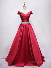 Party Dress In Store, Off the Shoulder Burgundy Long Prom Dresses, Off Shoulder Wine Red Formal Evening Dresses