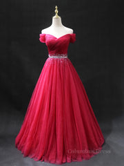 Party Dresses Websites, Off the Shoulder Burgundy Prom Dresses with Beaded Belt, Wine Red Long Formal Evening Dresses