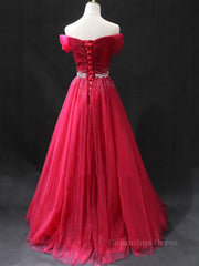 Party Dresses 2023, Off the Shoulder Burgundy Prom Dresses with Beaded Belt, Wine Red Long Formal Evening Dresses