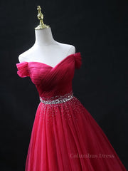 Party Dress Brands, Off the Shoulder Burgundy Prom Dresses with Beaded Belt, Wine Red Long Formal Evening Dresses