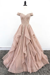 Fancy Outfit, Off the Shoulder Champagne Lace Prom Dresses, Off Shoulder Champagne Lace Formal Evening Dresses