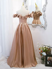 Bridesmaid Dresses Yellow, Off the Shoulder Champagne Satin Prom Dresses, Champagne Long Formal Evening Dresses