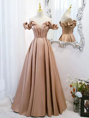 Bachelorette Party Theme, Off the Shoulder Champagne Satin Prom Dresses, Champagne Long Formal Evening Dresses