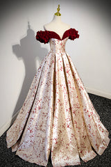 Bridesmaid Dress As Wedding Dress, Off the Shoulder Floral Satin Long Prom Dress, Cute A-Line Evening Dress with Velvet