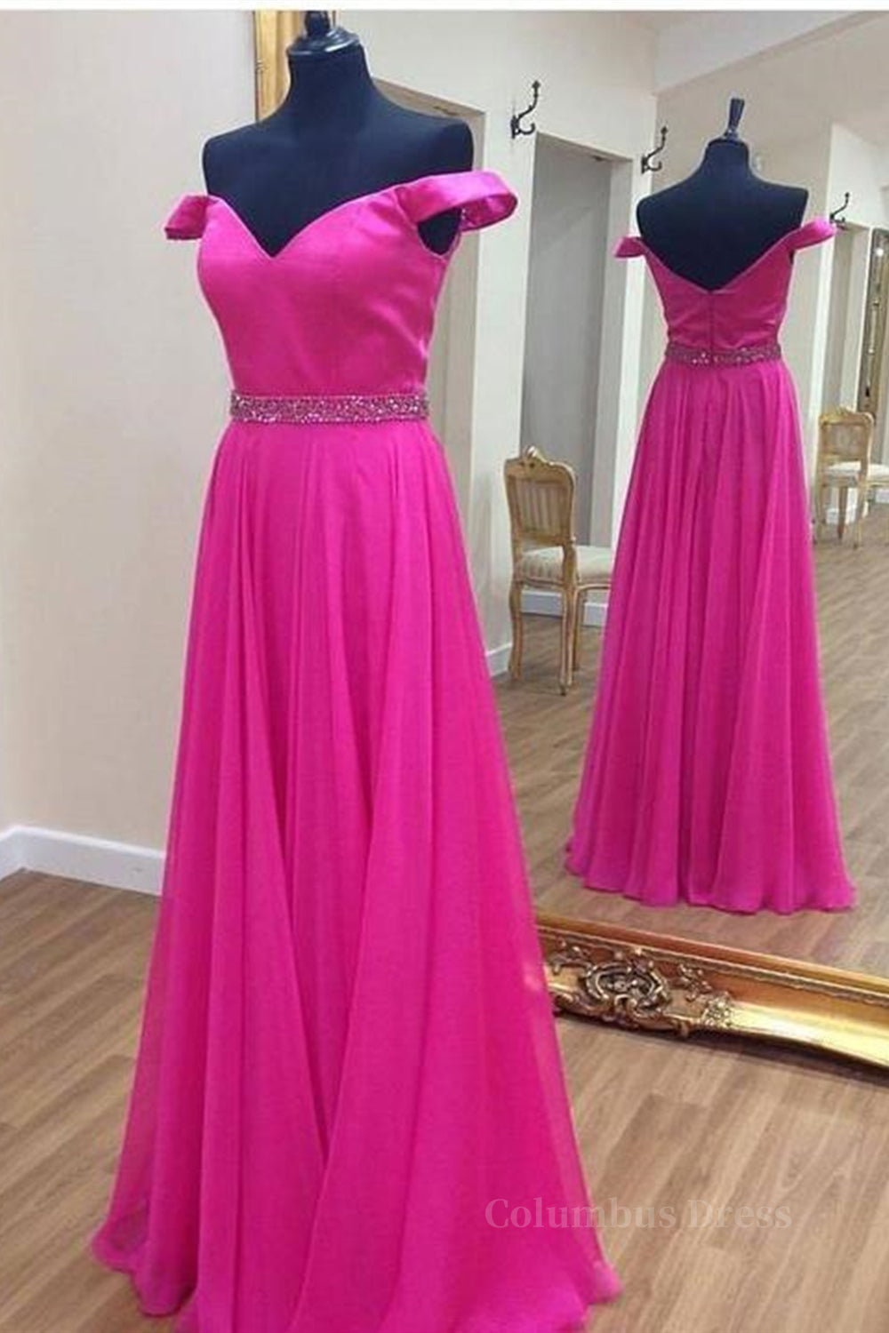 Black Tie Dress, Off the Shoulder Fuchsia Long Prom Dresses with Belt, Off Shoulder Fuchsia Formal Evening Dresses