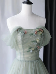 Party Dresses Long Dress, Off the Shoulder Green Floral Long Prom Dresses, Green Floral Long Formal Evening Dresses
