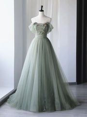 Party Dress Websites, Off the Shoulder Green Floral Long Prom Dresses, Green Floral Long Formal Evening Dresses