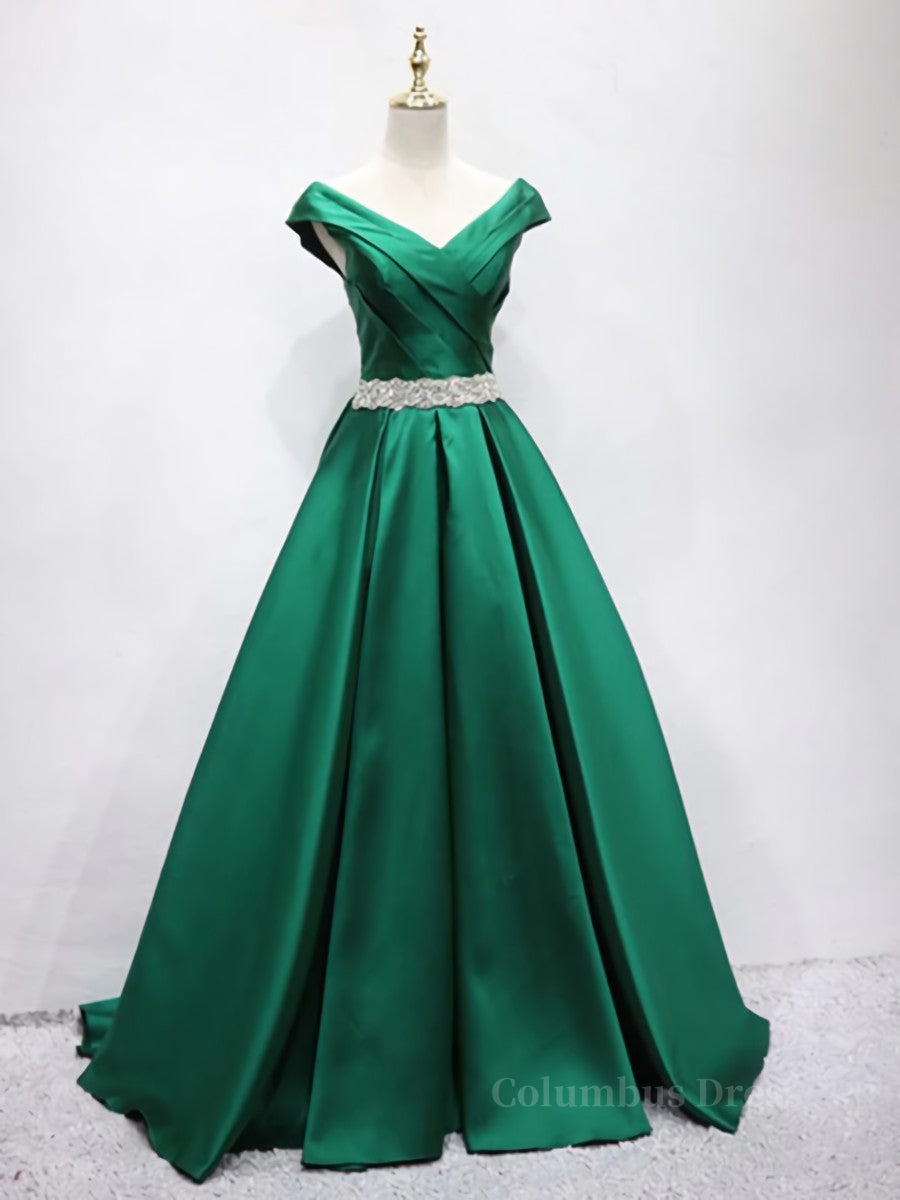 Party Dress Hair Style, Off the Shoulder Green Long Prom Dress with Corset Back, Off Shoulder Long Green Formal Evening Dresses