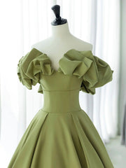 Boho Wedding Dress, Off the Shoulder Green Satin Long Prom Dresses, Green Satin Long Formal Evening Dresses