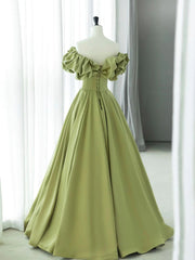 Bridesmaid Dresses Purples, Off the Shoulder Green Satin Long Prom Dresses, Green Satin Long Formal Evening Dresses