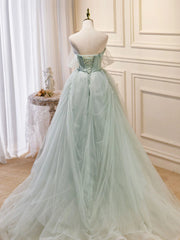 Prom Shoes, Off the Shoulder Green Tulle Long Prom Dresses, Green Off Shoulder Long Formal Evening Dresses