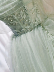 Silk Wedding Dress, Off the Shoulder Green Tulle Long Prom Dresses, Green Off Shoulder Long Formal Evening Dresses