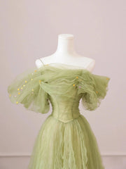 Party Dress And Gown, Off the Shoulder Green Tulle Long Prom Dresses, Green Tulle Long Formal Evening Dresses
