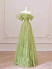 Party Dress Quick, Off the Shoulder Green Tulle Long Prom Dresses, Green Tulle Long Formal Evening Dresses