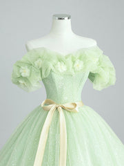 Wedding Color Schemes, Off the Shoulder Light Green Floral Prom Dresses, Green Floral Formal Graduation Dress