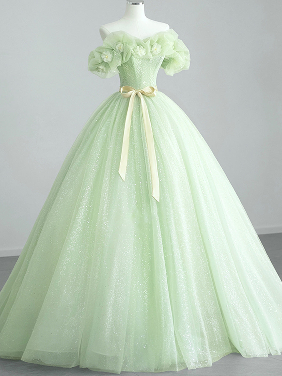 Winter Wedding, Off the Shoulder Light Green Floral Prom Dresses, Green Floral Formal Graduation Dress