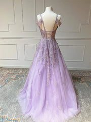 Long Sleeve Dress, Off the Shoulder Long Purple Prom Dresses, Off Shoulder Purple Lace Formal Evening Dresses