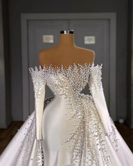 Wedding Dresses Under 10003, Off-the-Shoulder Long Sleeves Mermaid Wedding Dress Pearls With Detachable Train