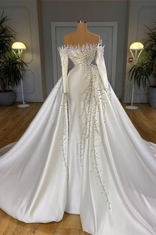 Wedding Dress Short Bride, Off-the-Shoulder Long Sleeves Mermaid Wedding Dress Pearls With Detachable Train